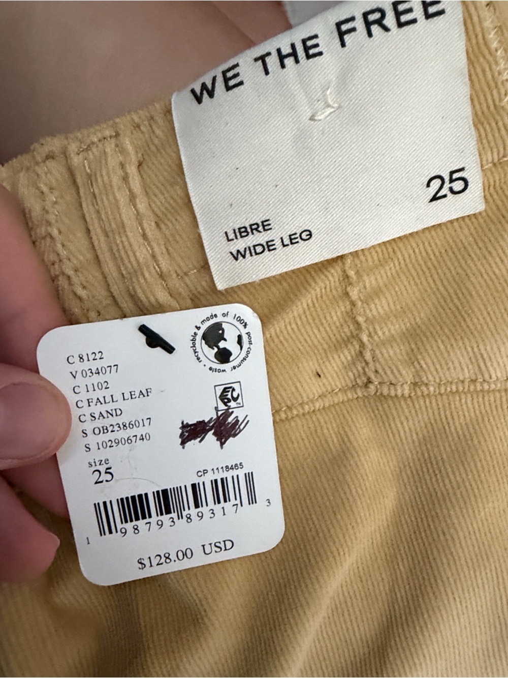 We The Free Libre Wide-Leg Jeans in Sand Mustard Yellow Ribbed Jeans NEW - Picture 4 of 4